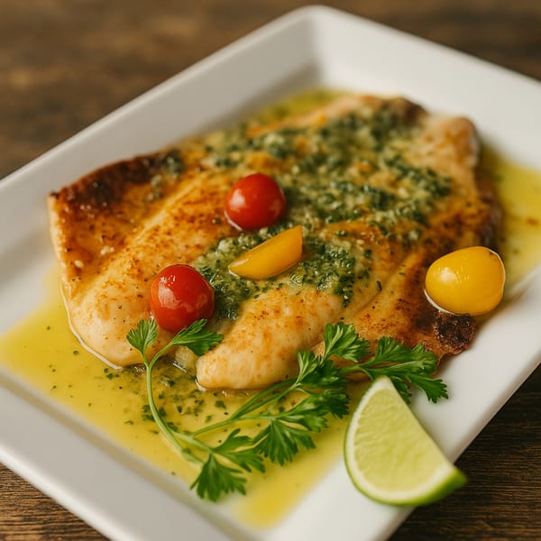 Pan-seared fish fillet with herb sauce, cherry tomatoes, parsley, and a lime wedge.
